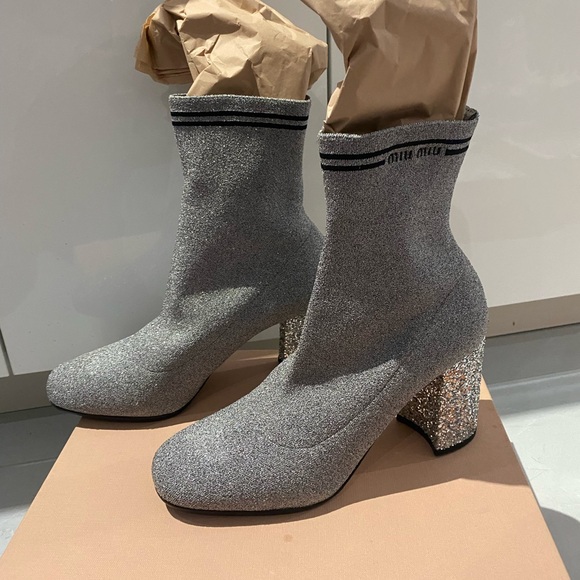 Miu Miu Silver Glitter Ankle Boots - Picture 3 of 6
